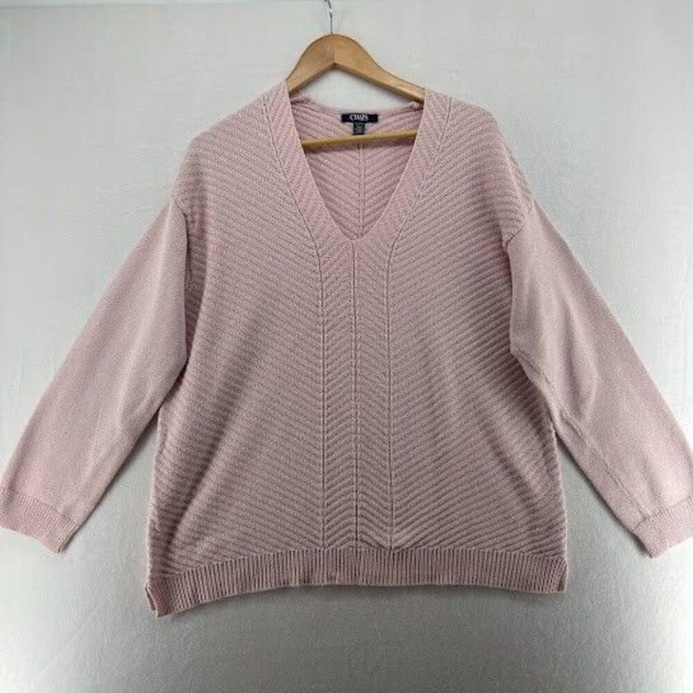 Chaps Womens V neck Cable Knit Sweater Light Pink Size‎ XL Shimmer